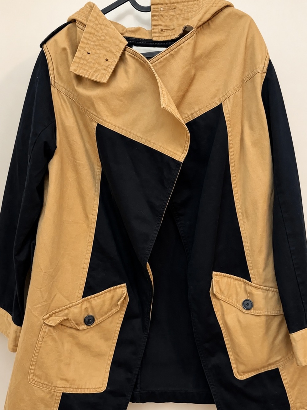 Two-Tone Black and Tan Hooded Trench Coat by